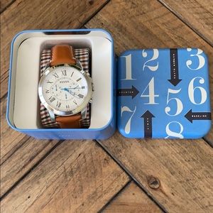 Light leather band with blue hands.